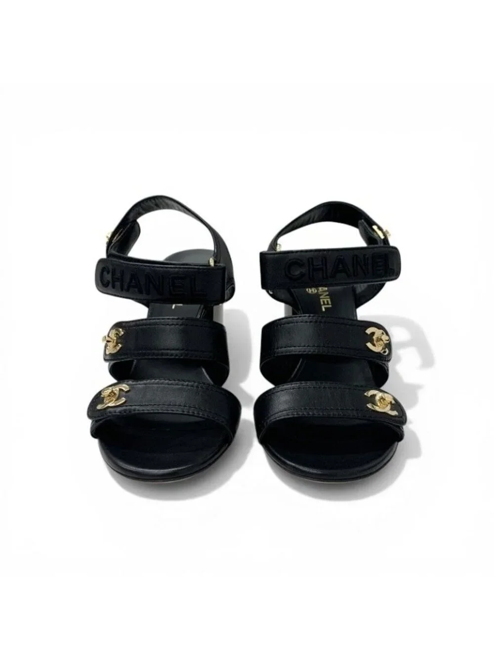 Chanel Sandals Shoes Leather Black Gold CC Logo Turnlock Velcro Strap - Picture 2 of 10